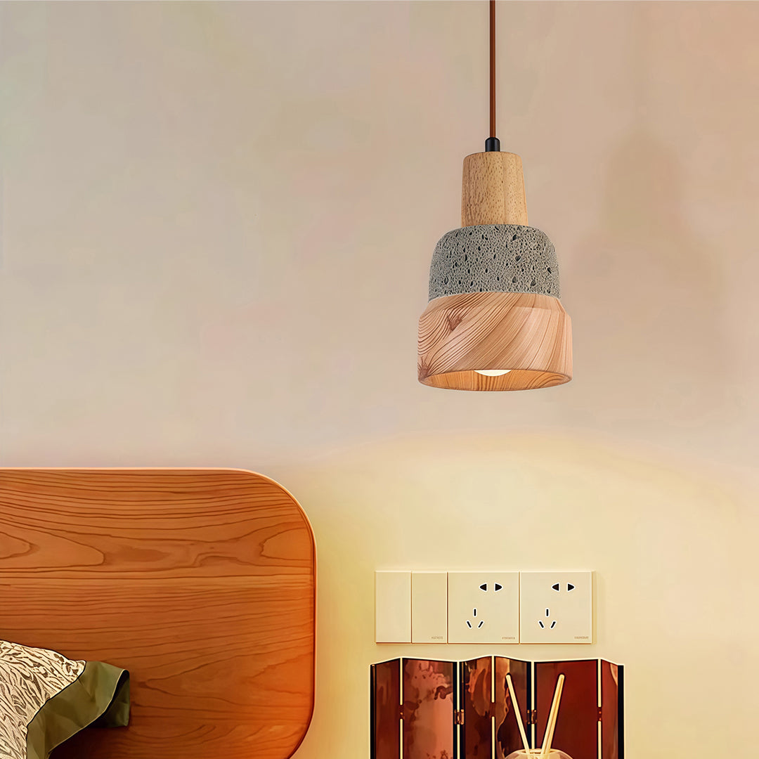 Wabi-Sabi Wood Pendant Light with Cement Accent, Adjustable Hanging