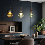 Diamond Glass Pendant Light with Brass and Wood Accents
