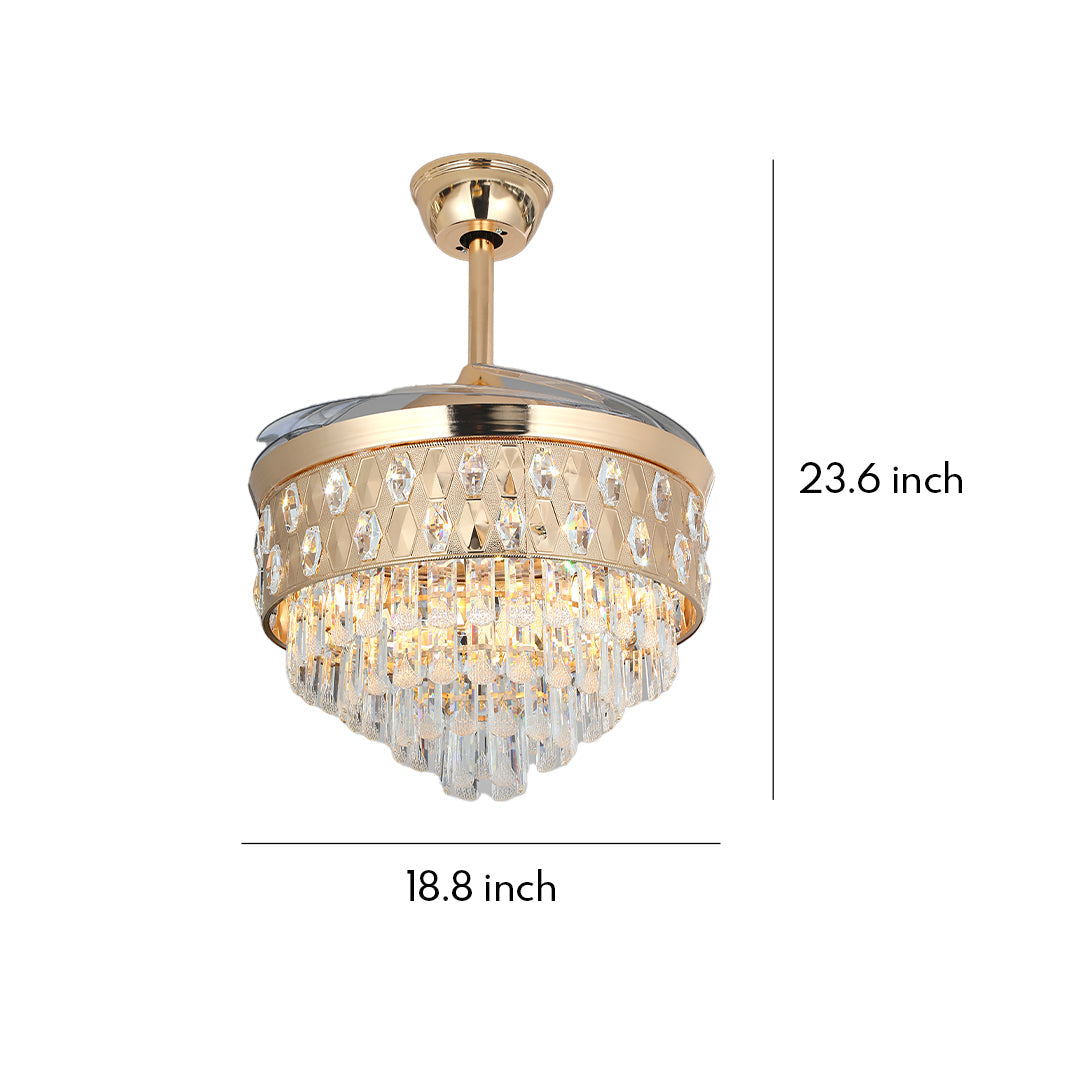 Luxury Crystal Ceiling Fan with Gold Iron Frame and Dimmable LED Light