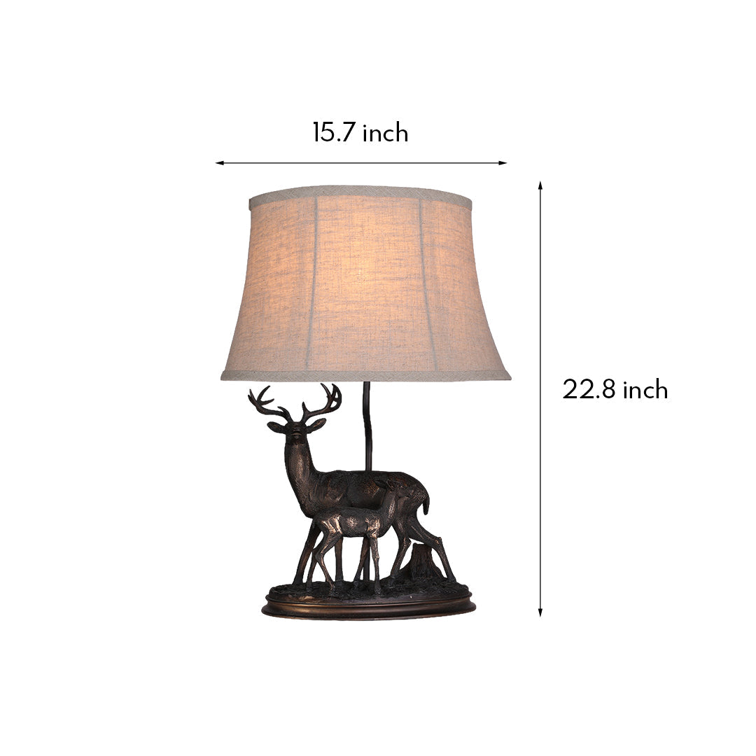 Sculpted Deer Table Lamp with Bronze Finish and Beige Linen Shade