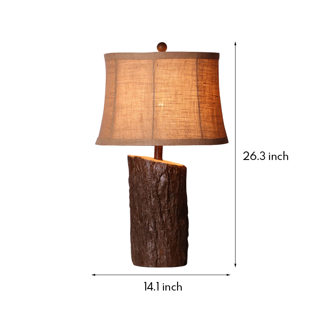 Rustic Bark-Textured Table Lamp with Linen Shade for Cozy Interiors