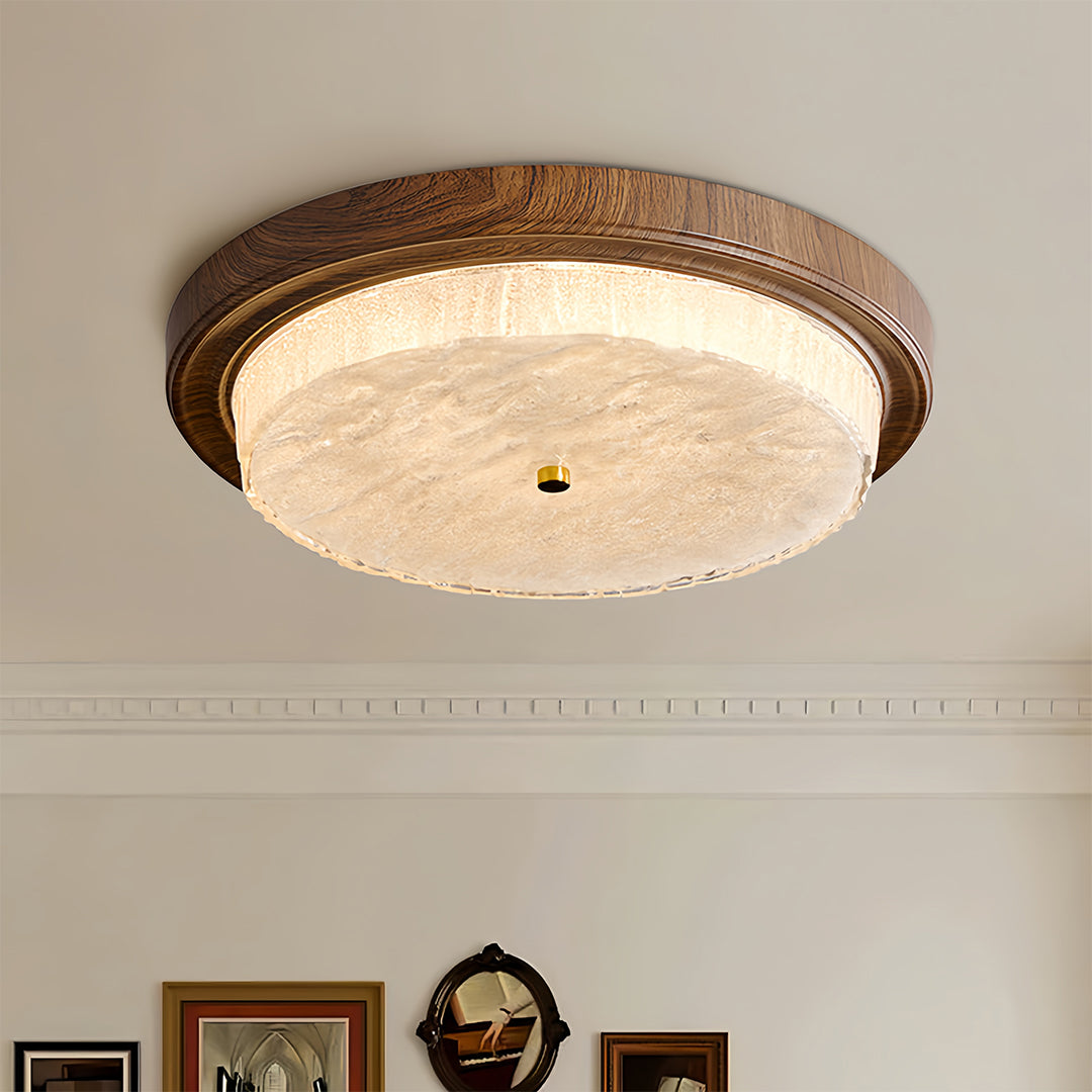 Artisan Wood Flush Mount Ceiling Light with Vintage Glass Shade
