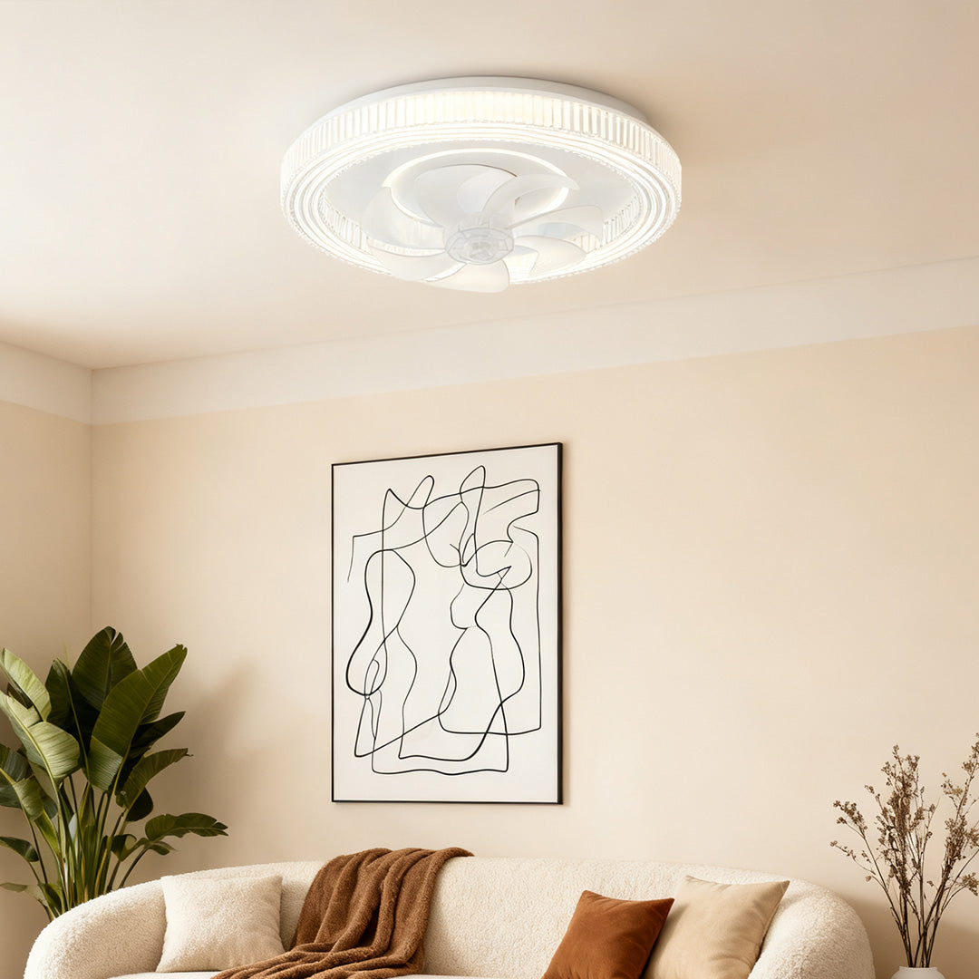 Aura White LED Ceiling Fan with Dimmable Light – Modern Flush Mount