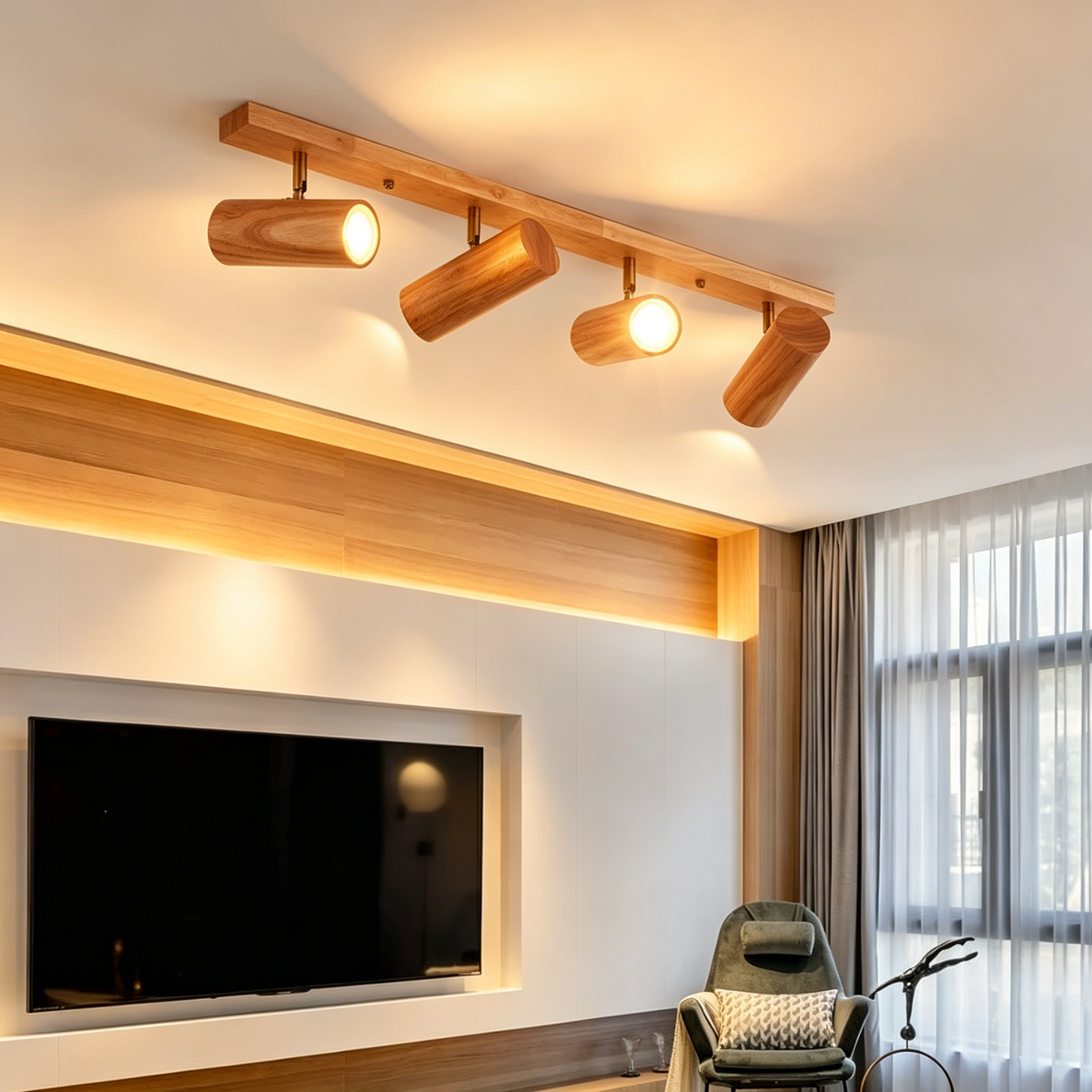 Nordic Wooden Multi-Head Spotlight Wall Lamp – Minimalist LED Wall Light for Living Room & TV Background