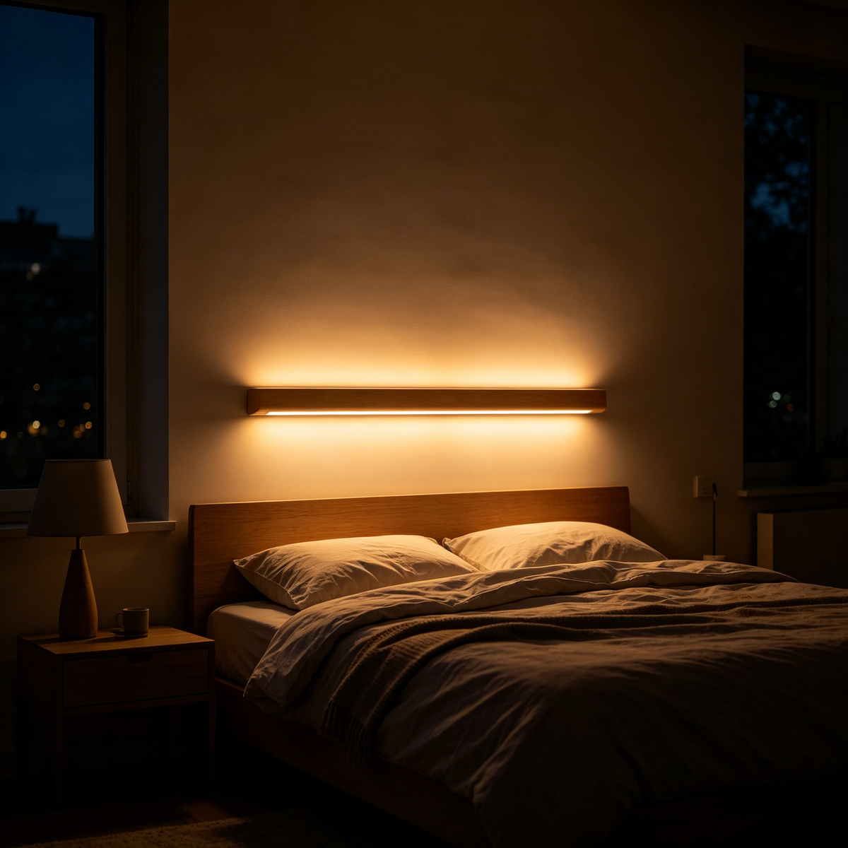 Nordic Minimalist Wooden Linear Wall Lamp – LED Bedside Background Light