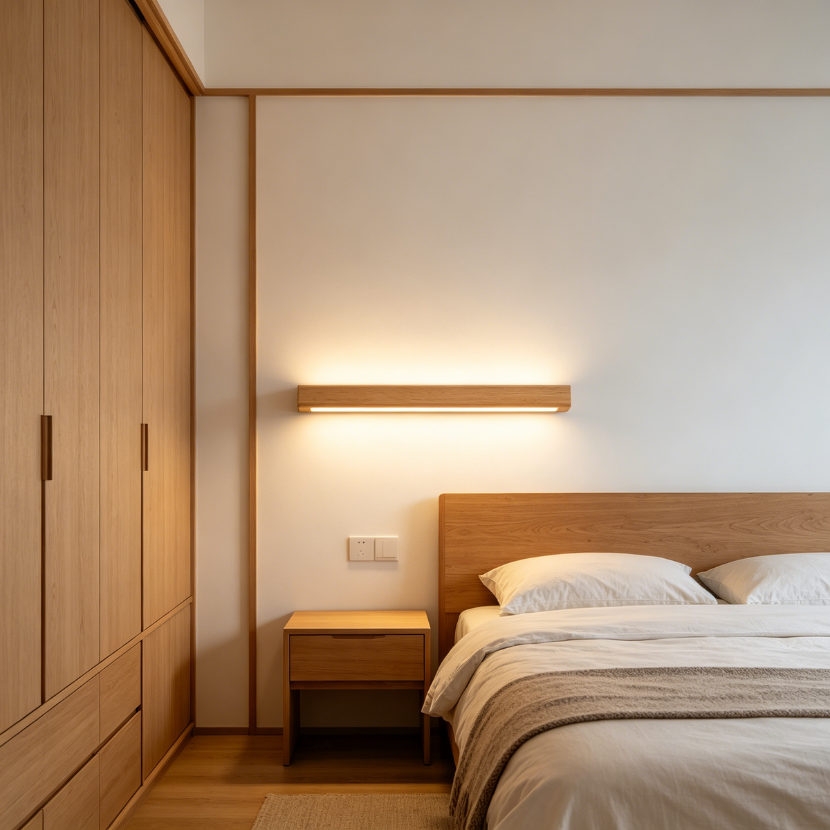 Japanese Minimalist Wooden Wall Lamp – LED Linear Bedside Light for Bedroom, Hallway & Background Wall