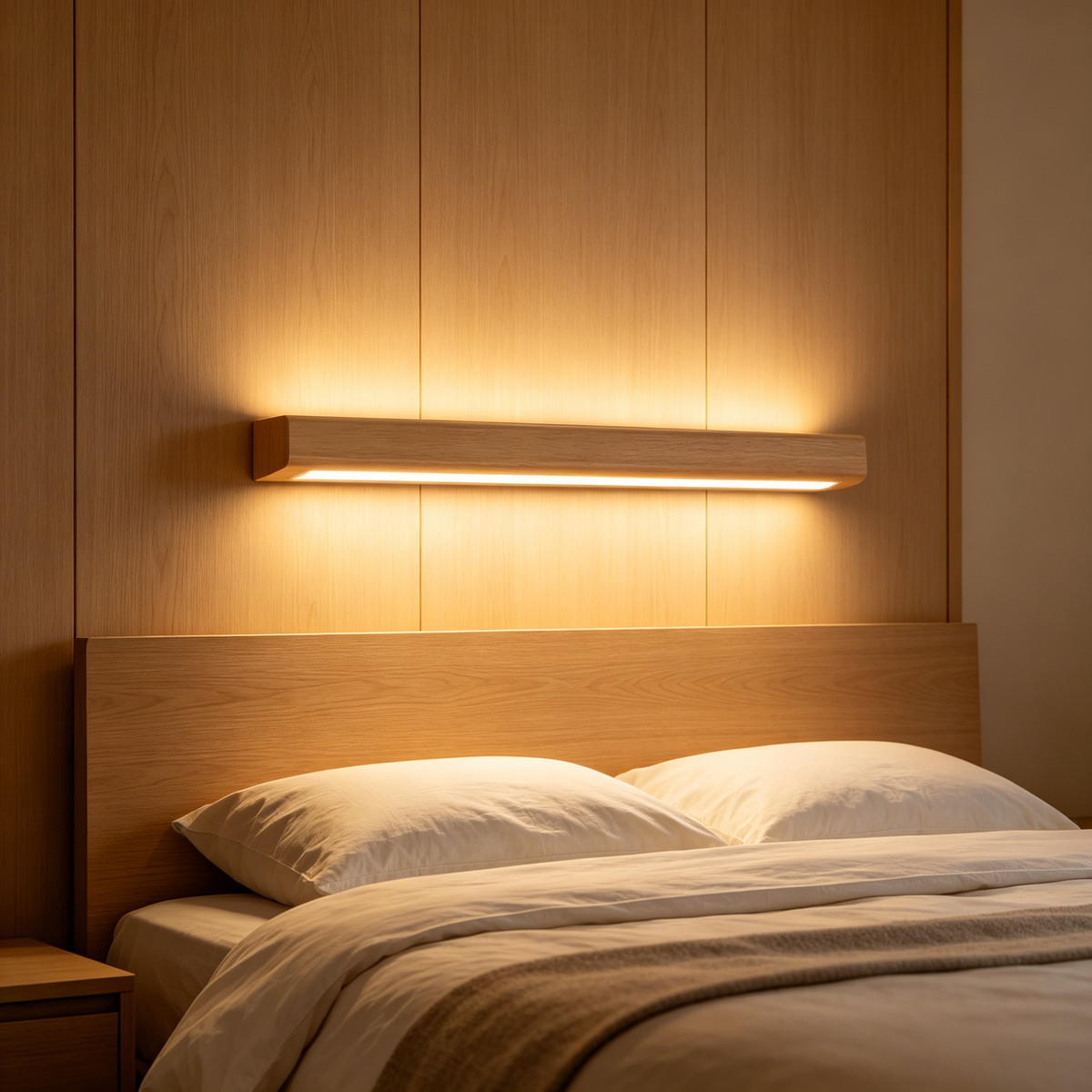 Nordic Minimalist Wooden Linear Wall Lamp – LED Bedside Background Light