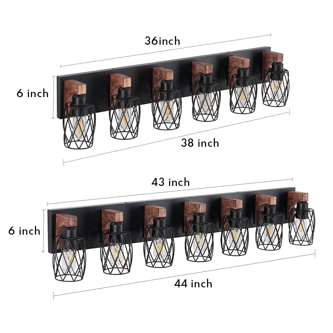 Black Metal Cage Vanity Light with Walnut Accents for Bathroom Mirror