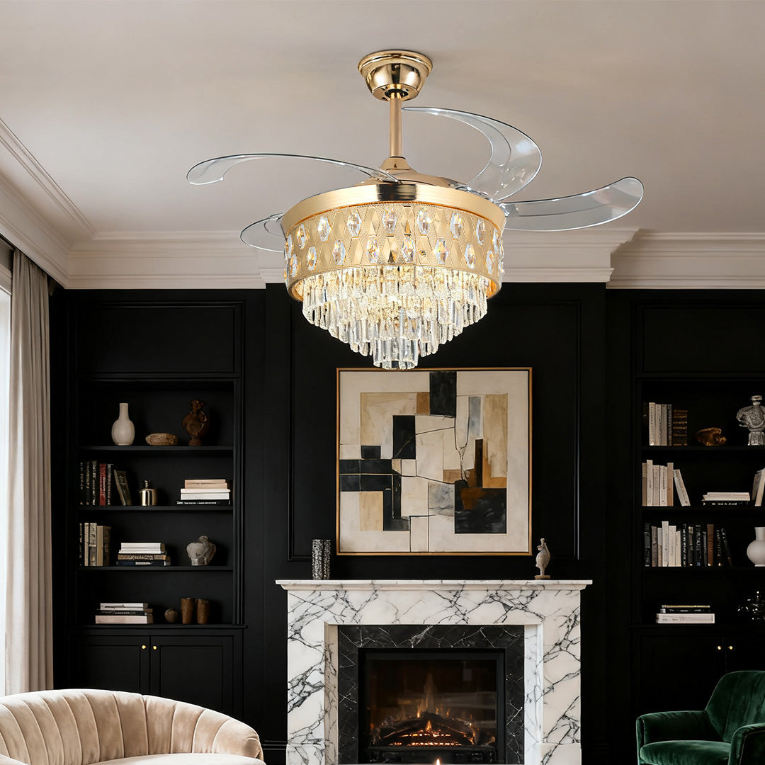 Luxury Crystal Ceiling Fan with Gold Iron Frame and Dimmable LED Light