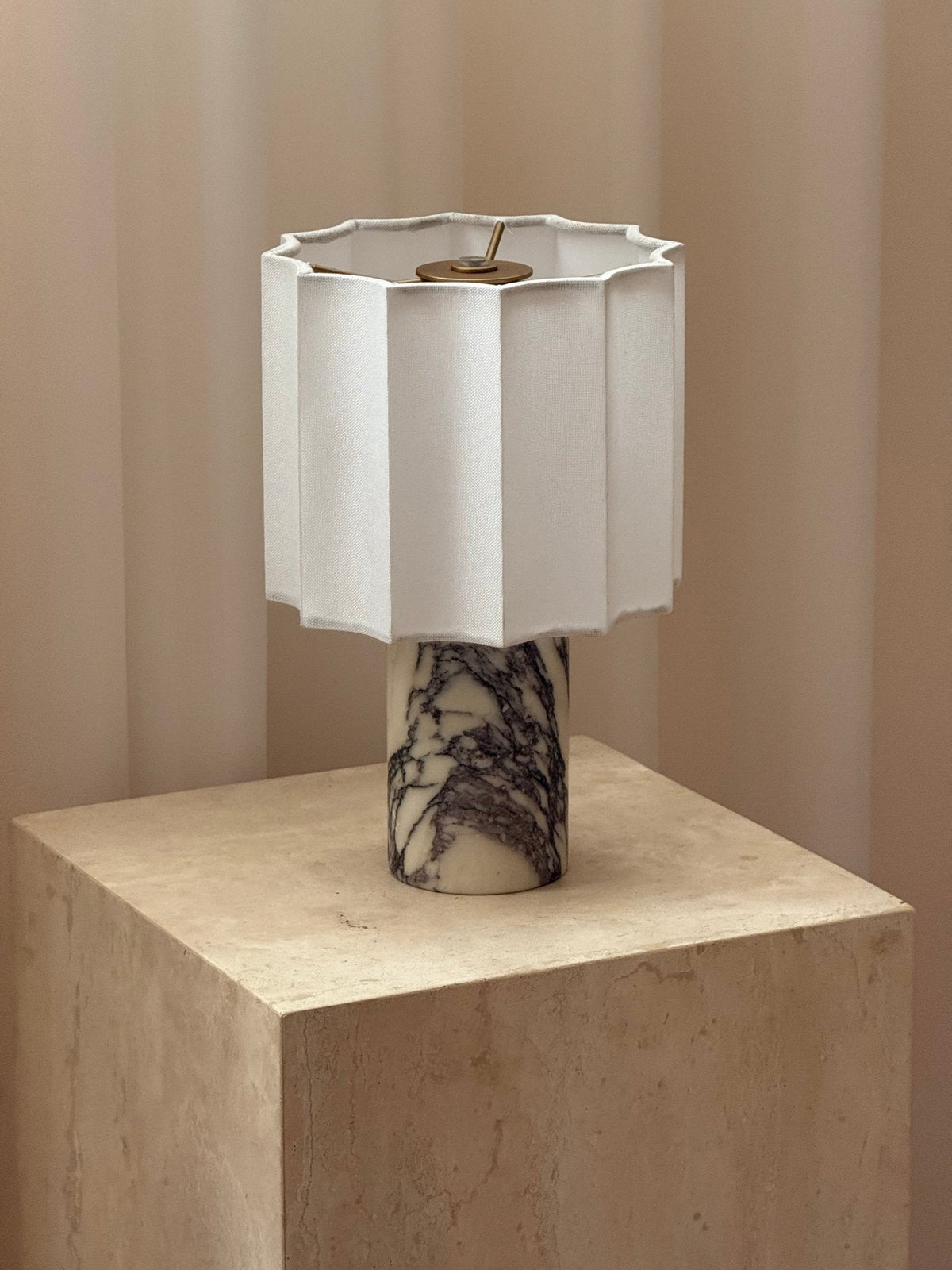Orbis Veil Table Lamp – Sculptural Marble LED Lamp with Pleated Fabric Shade