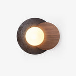 Lunar Embrace Wall Sconce — Black Travertine & Walnut with Opal Glass Globe