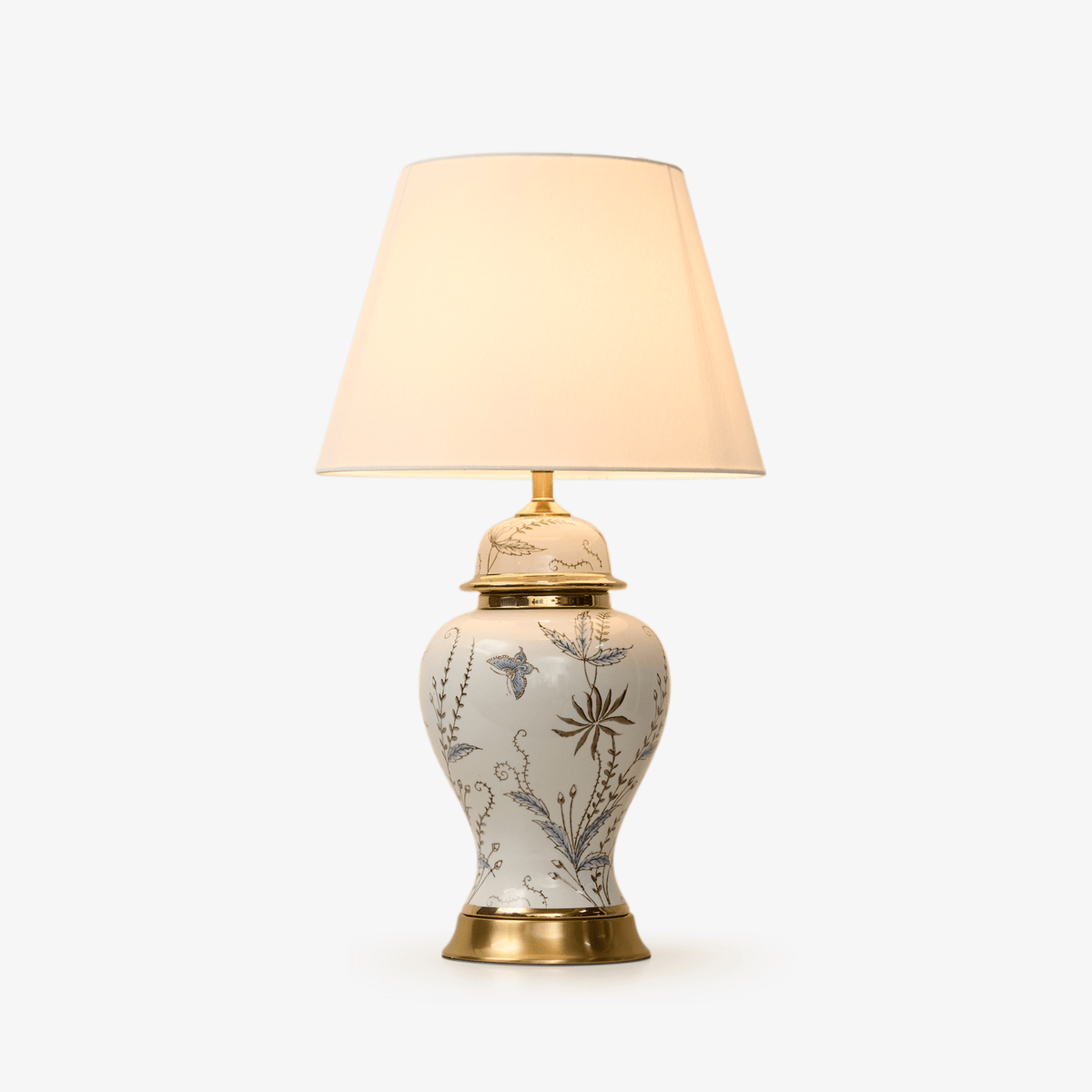 Gilt Accent Ceramic Table Lamp with Floral Motif Shade