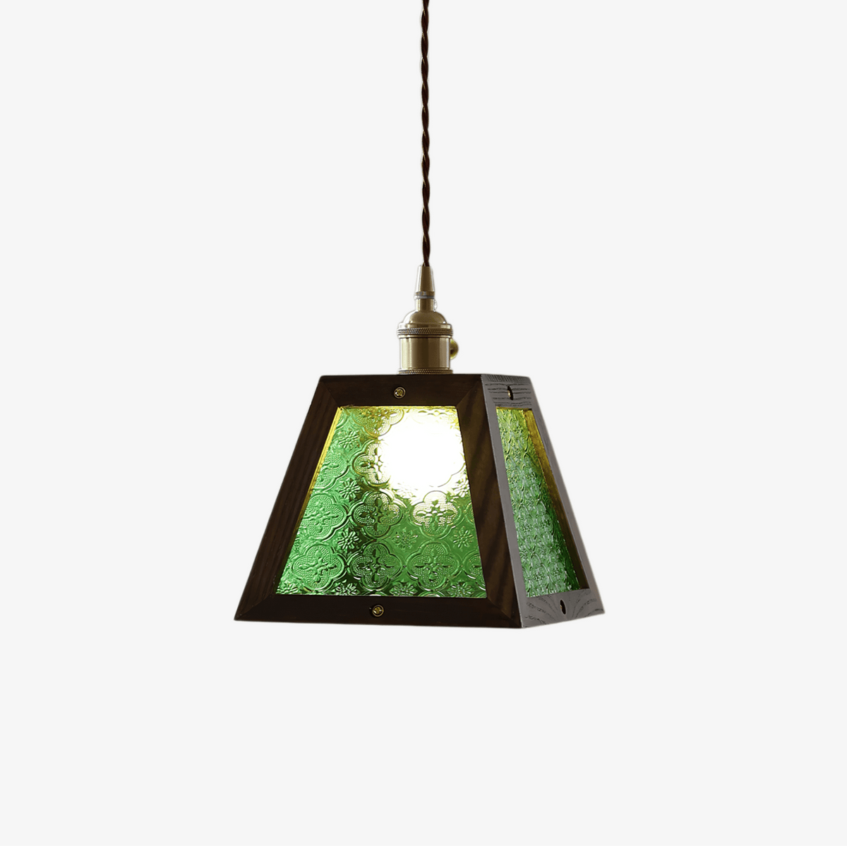 Artisan Green Glass Pendant Light with Walnut Wood Frame