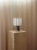 Orbis Veil Table Lamp – Sculptural Marble LED Lamp with Pleated Fabric Shade