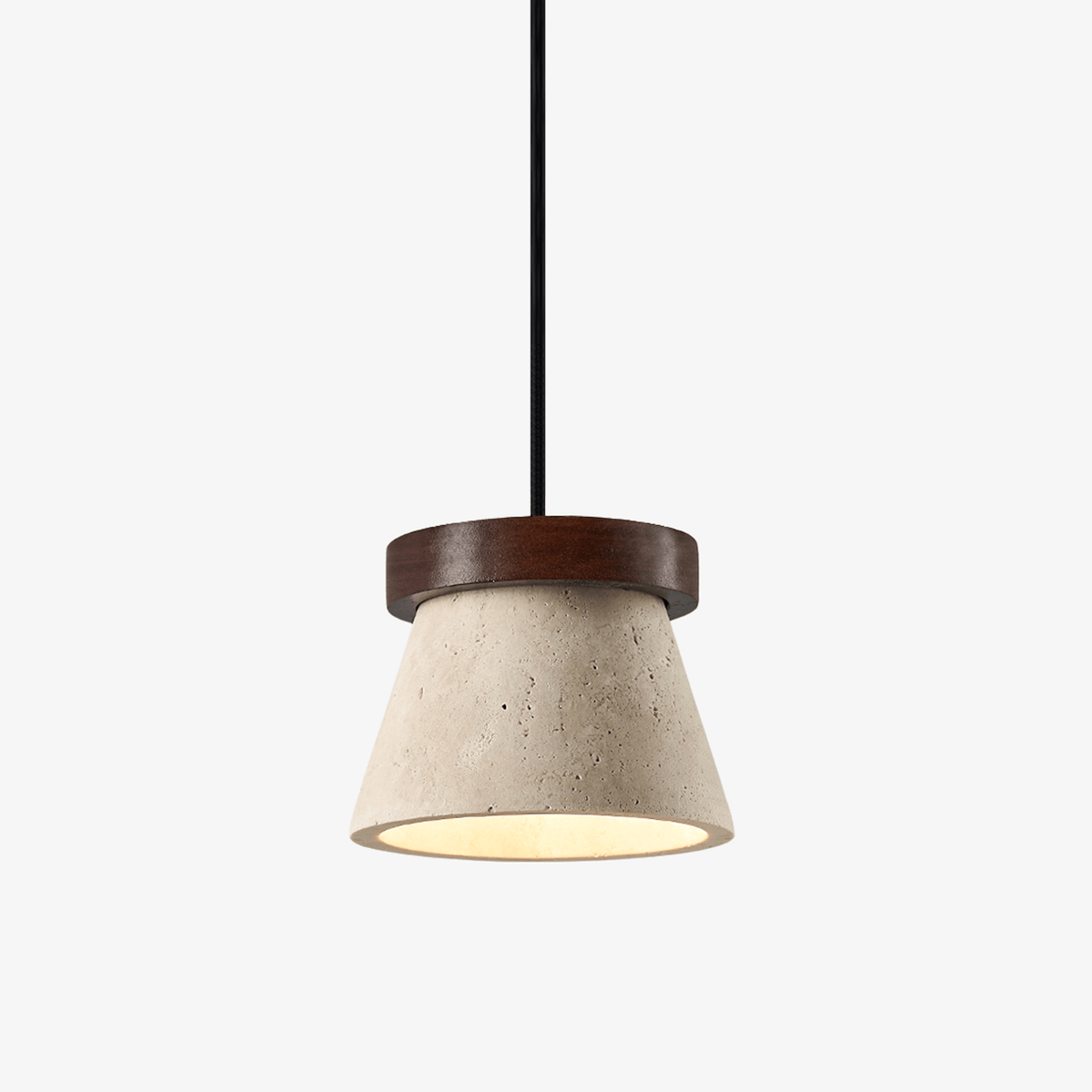 Travertine Cone Pendant Light with Wooden Ring Accent