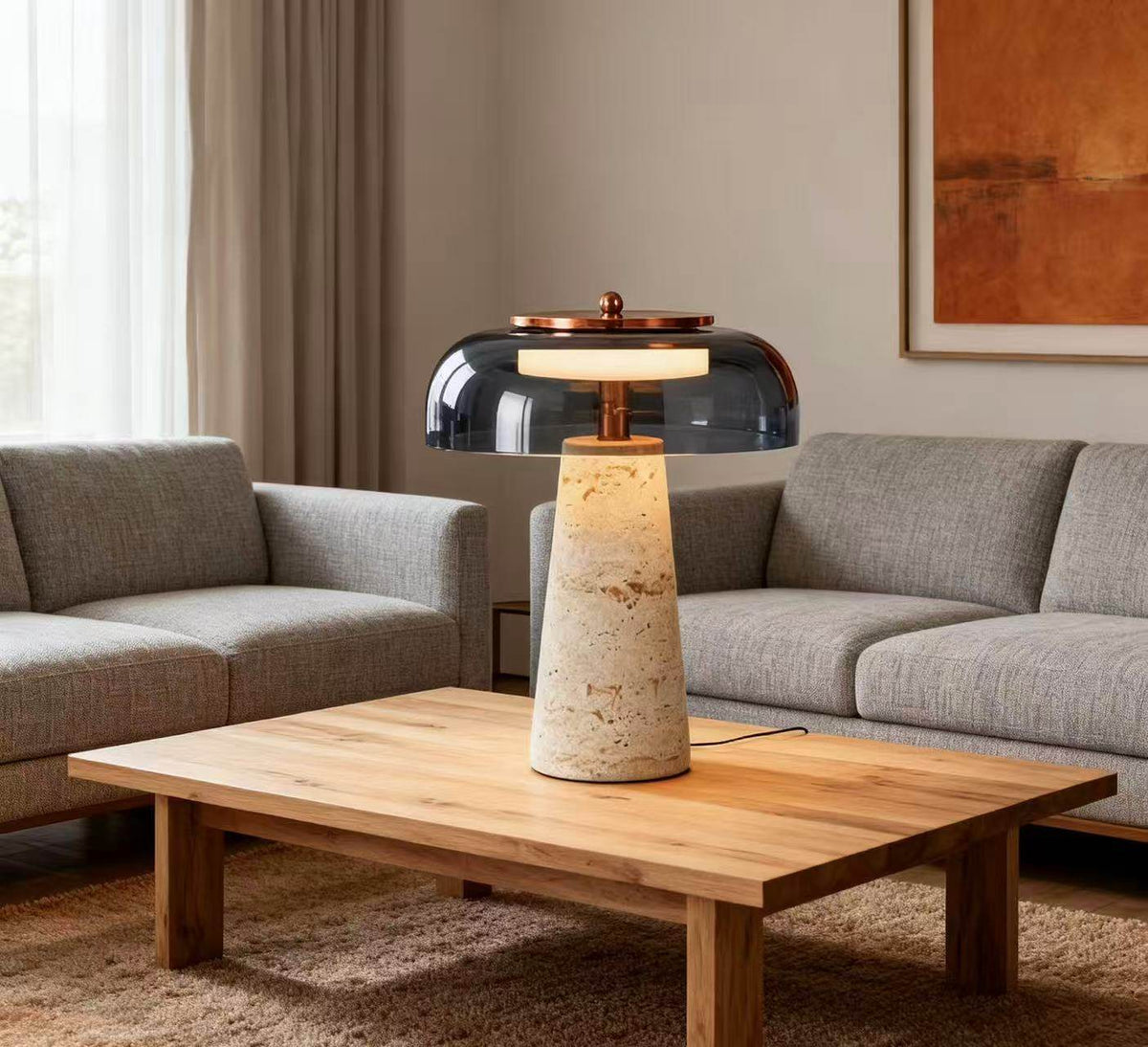 Strata Table Lamp in Yellow Travertine with Smoked Glass Shade