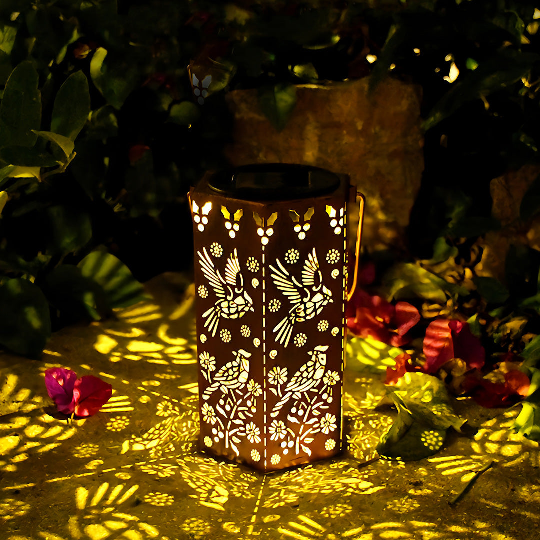 Solar-Powered Wrought Iron Outdoor Lantern with Nature Motifs