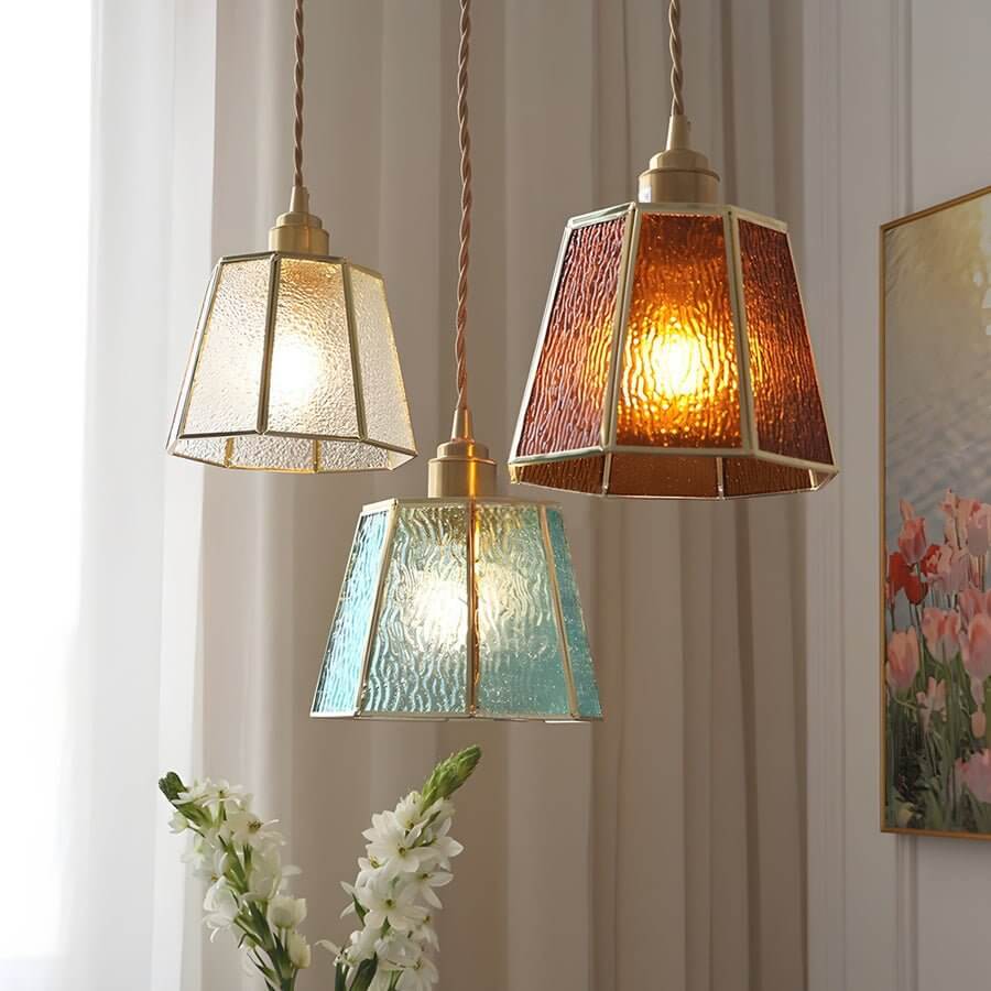 Brass and Glass Polygonal LED Pendant Light, Adjustable Nordic Chandelier