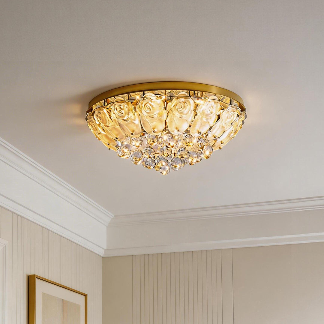 French Crystal Flush Mount Ceiling Light in Gold Stainless Steel