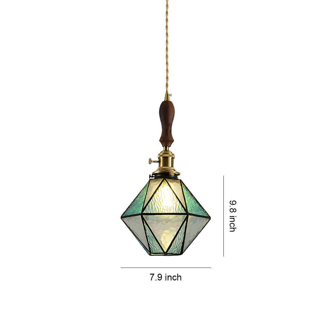 Diamond Glass Pendant Light with Brass and Wood Accents