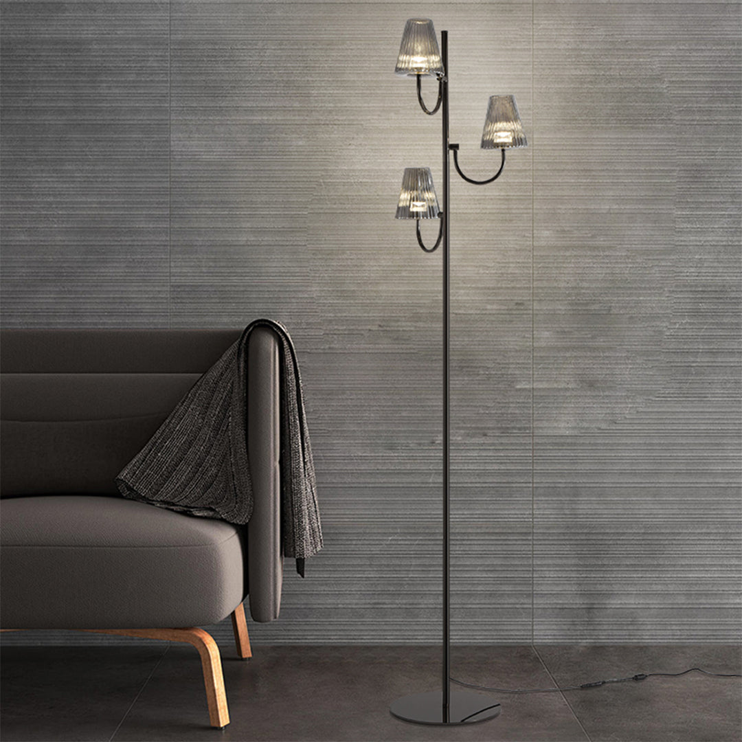 Minimalist Black Contemporary Floor Lamp with Three Glass Shades