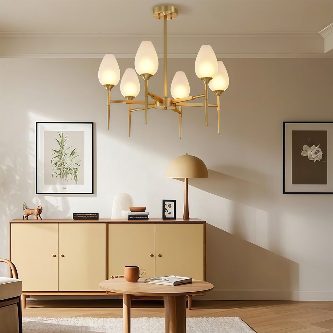 Lumina Brass Glass Chandelier – Modern Minimalist Ceiling Light