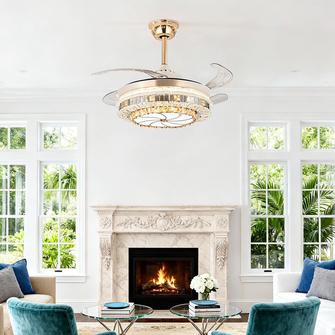Lumina Gold Crystal Ceiling Fan with Dimmable LED Light, Modern 4-Blade Design