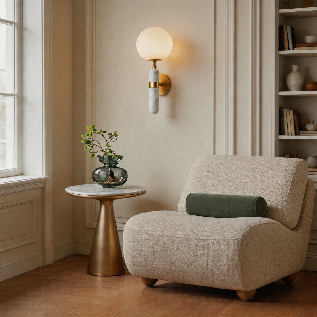 Modern Brass and Marble Wall Sconce with Opal Glass Shade
