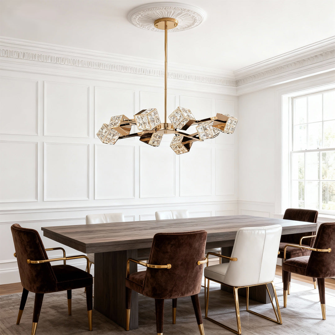 Modern Crystal Cube Chandelier in Champagne Gold for Living and Dining Spaces