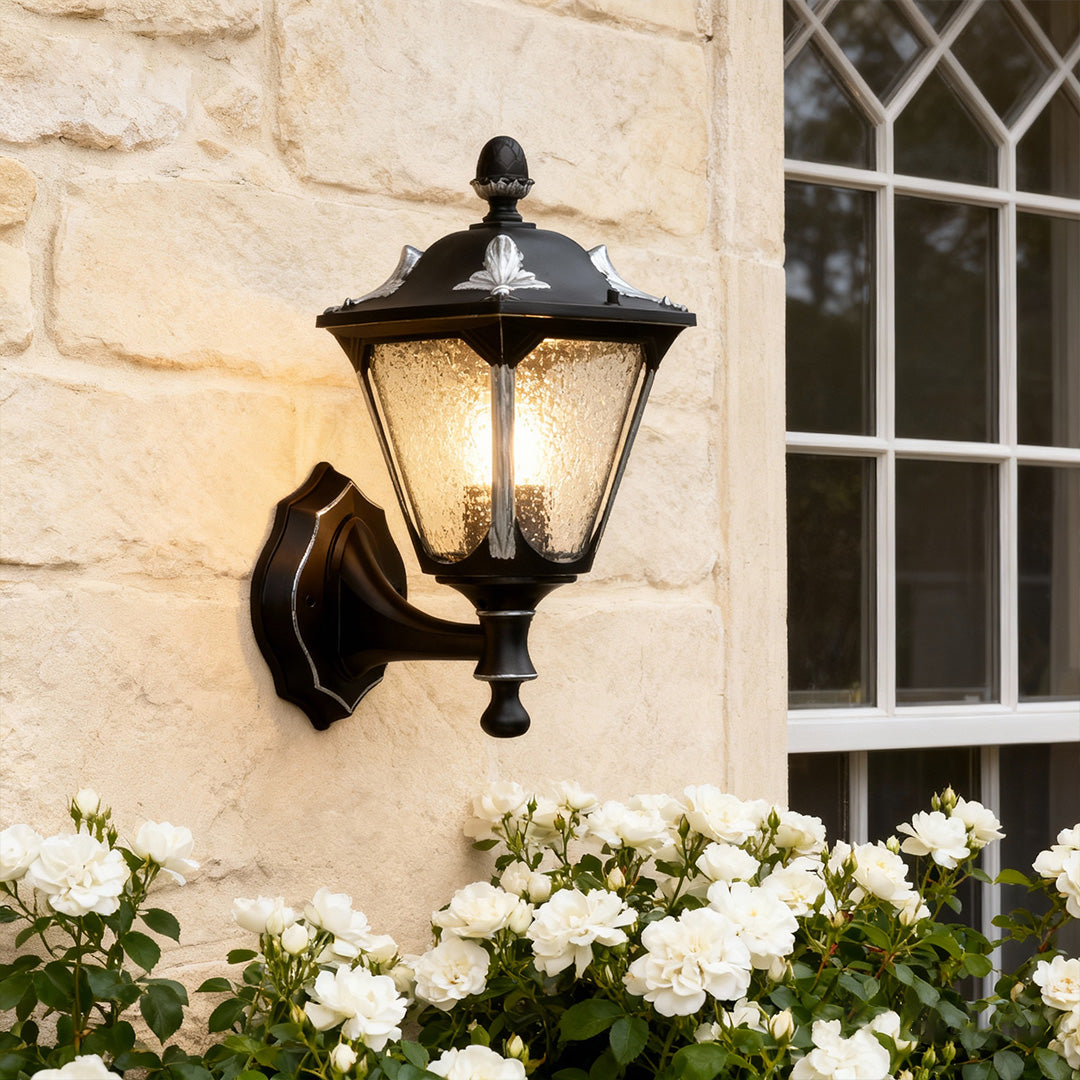 Vintage Outdoor Wall Lantern with Clear Glass Shade in Sand Black Aluminum