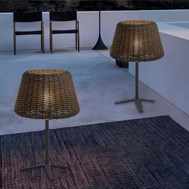 Handwoven Rattan LED Outdoor Floor Lamp with Stainless Steel Stake
