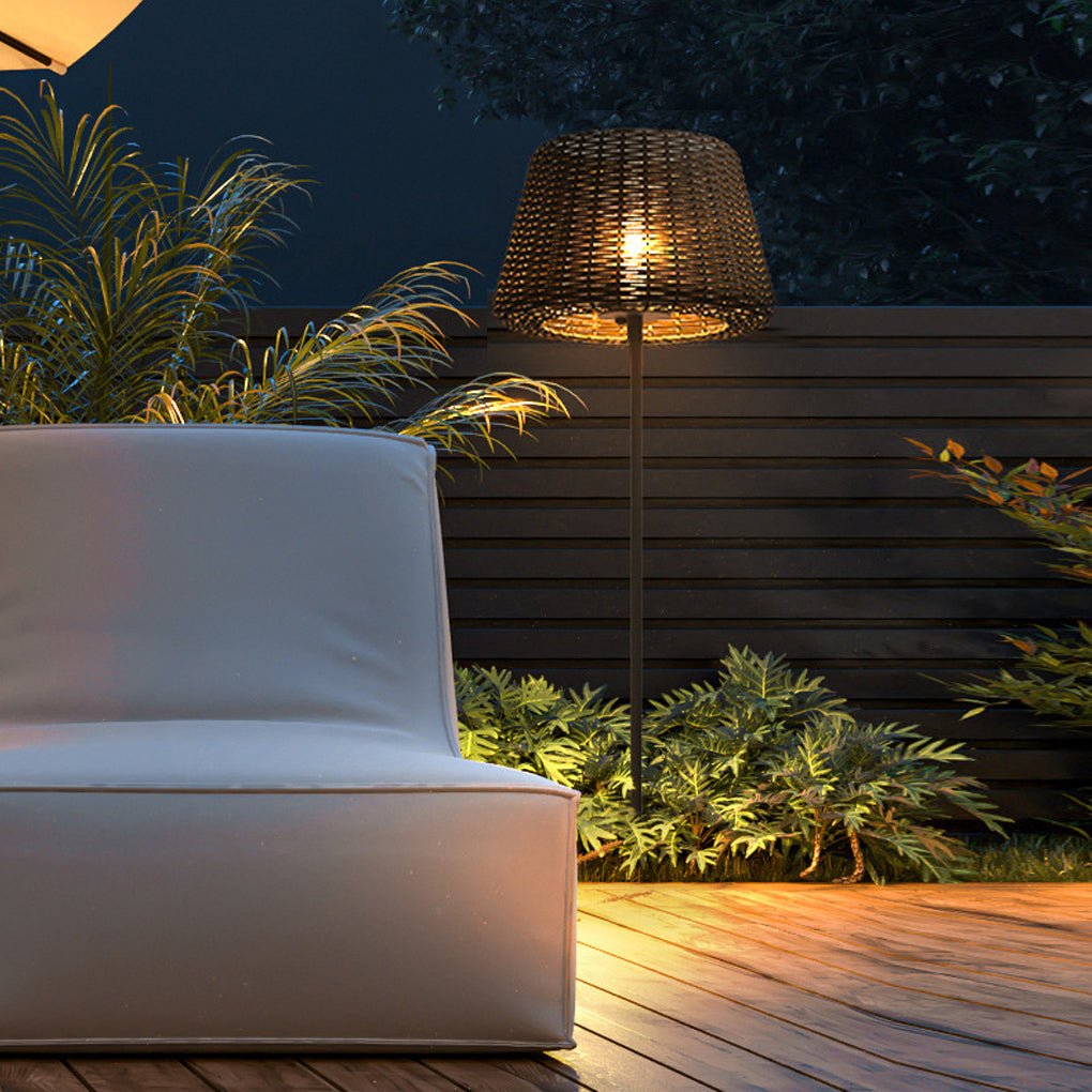Handwoven Rattan LED Outdoor Floor Lamp with Open-Top Dome Shade