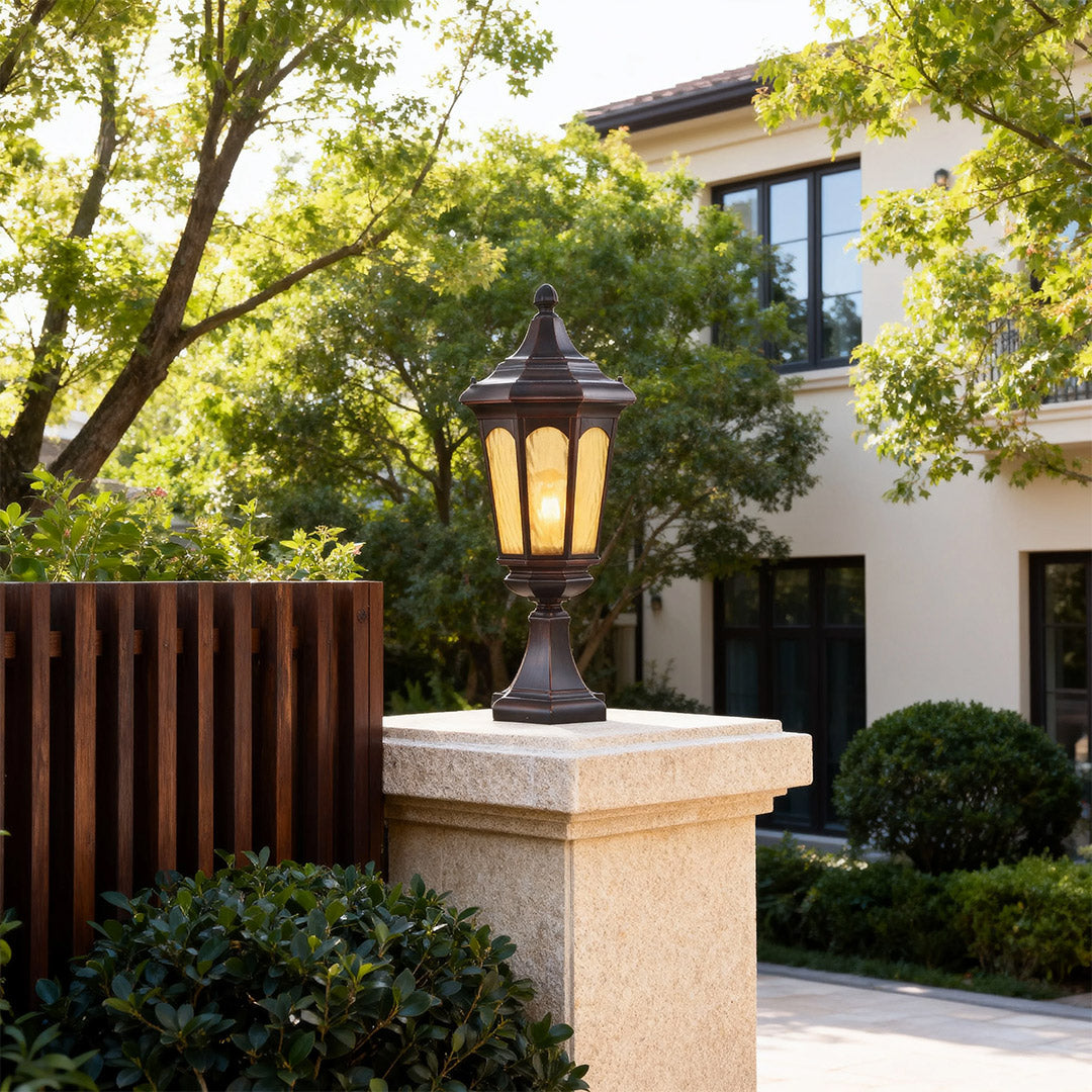 Retro Outdoor Pillar Light with Clear Glass Shade in Coffee Finish