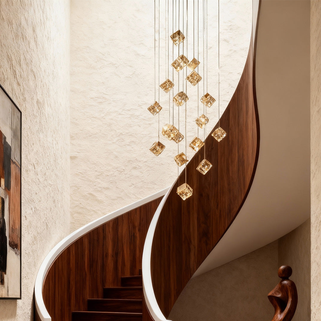 Crystal Staircase Chandelier with Gold Frame and Adjustable LED Lighting
