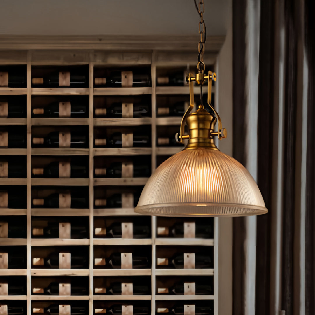 Nordic Textured Glass Pendant Light with Brass Accents, Adjustable Chain