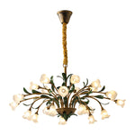 Vintage French Country Floral Iron Chandelier with Glass Shades