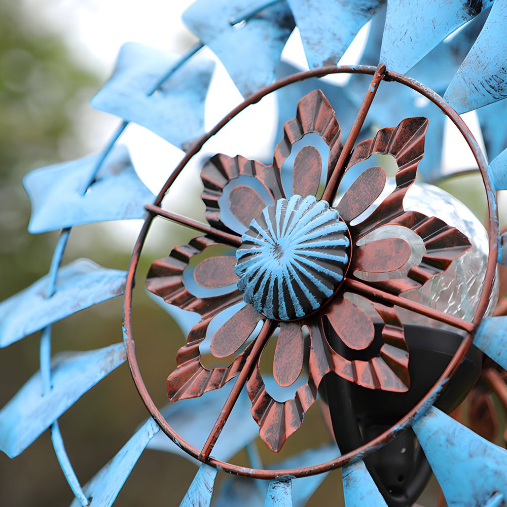 Vintage Iron Solar Wind Spinner Garden Stake Lights, Set of 2