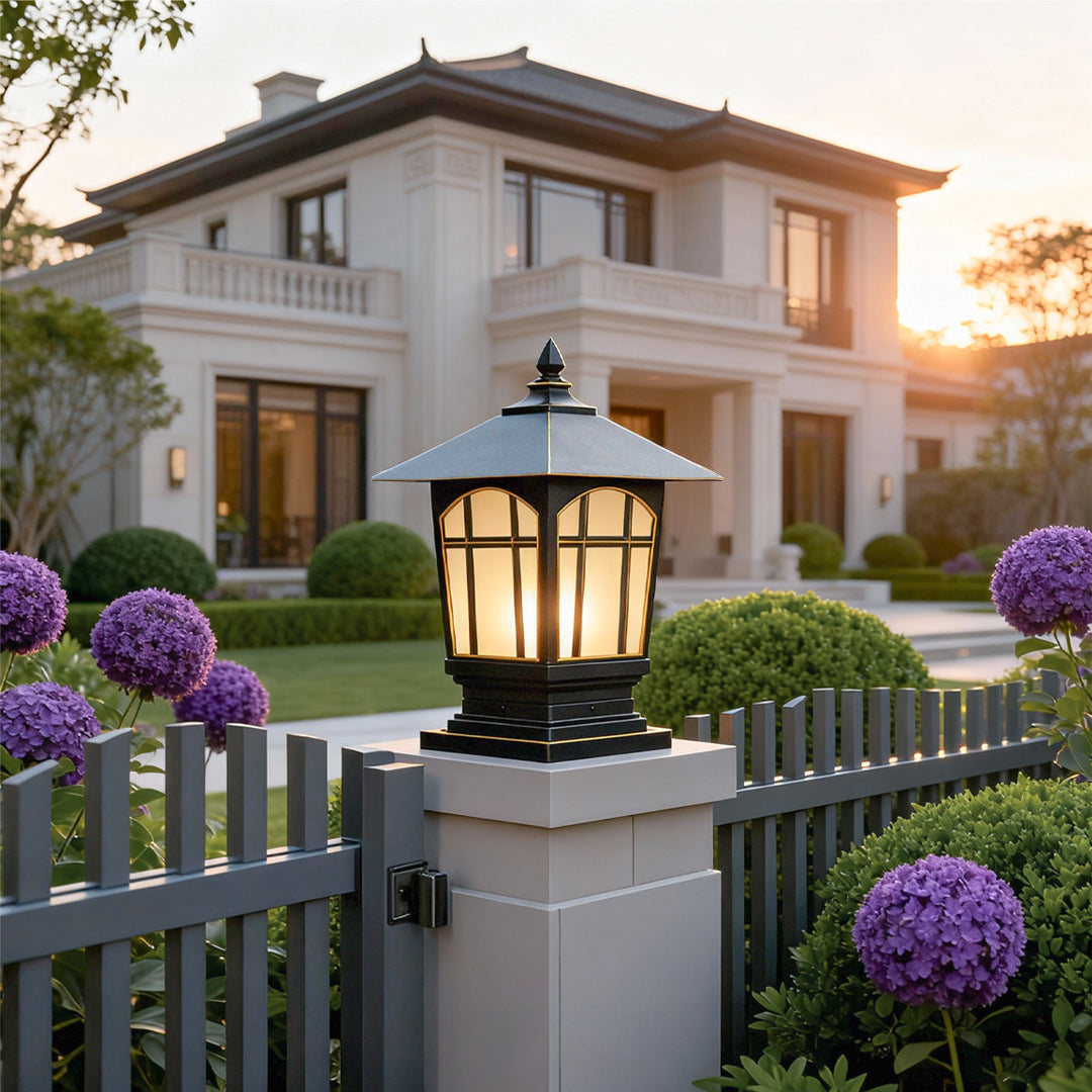 European Outdoor Pillar Light in Chestnut Aluminum with Clear Glass