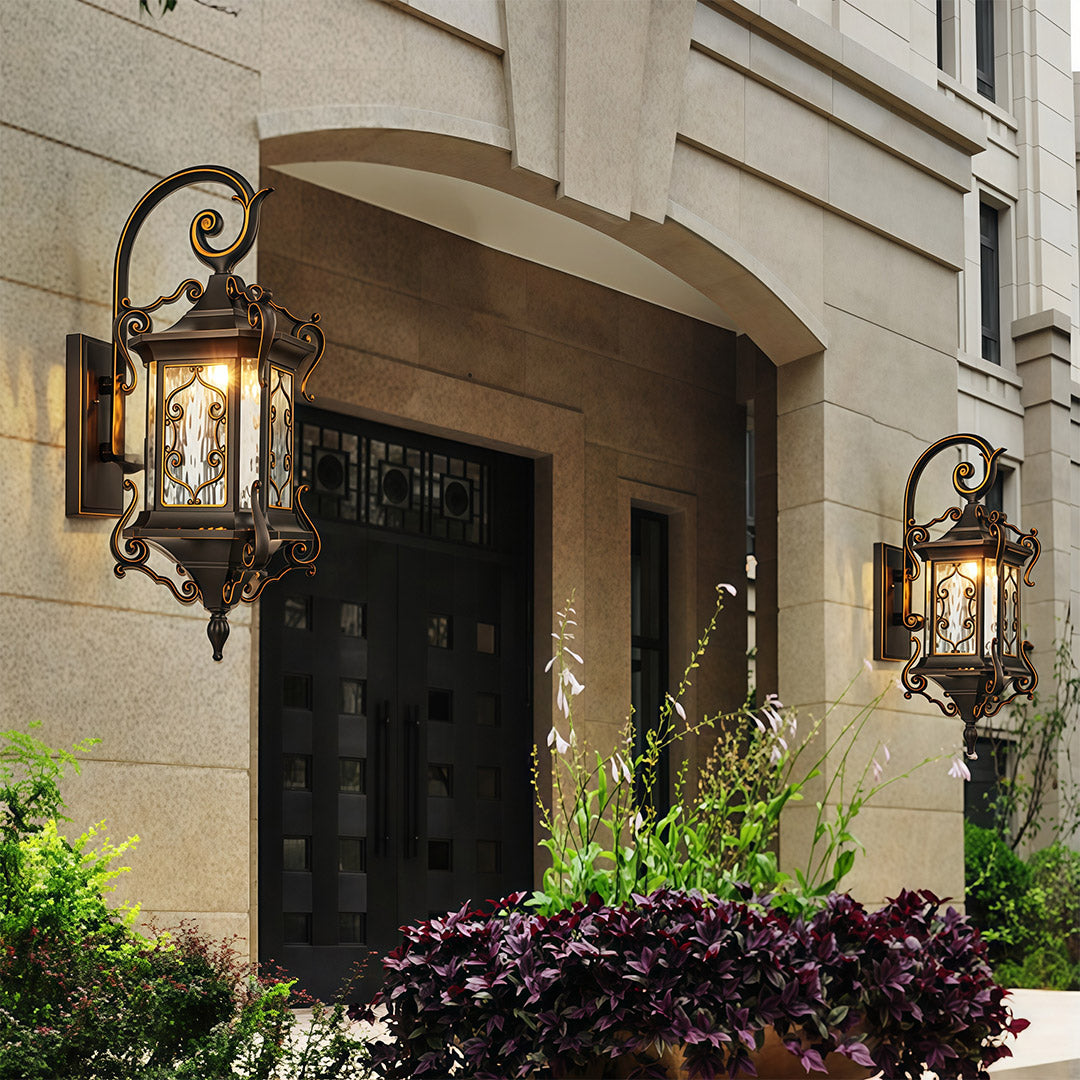 European Outdoor Wall Sconce with Gilded Aluminum Frame and Artisan Glass Shade