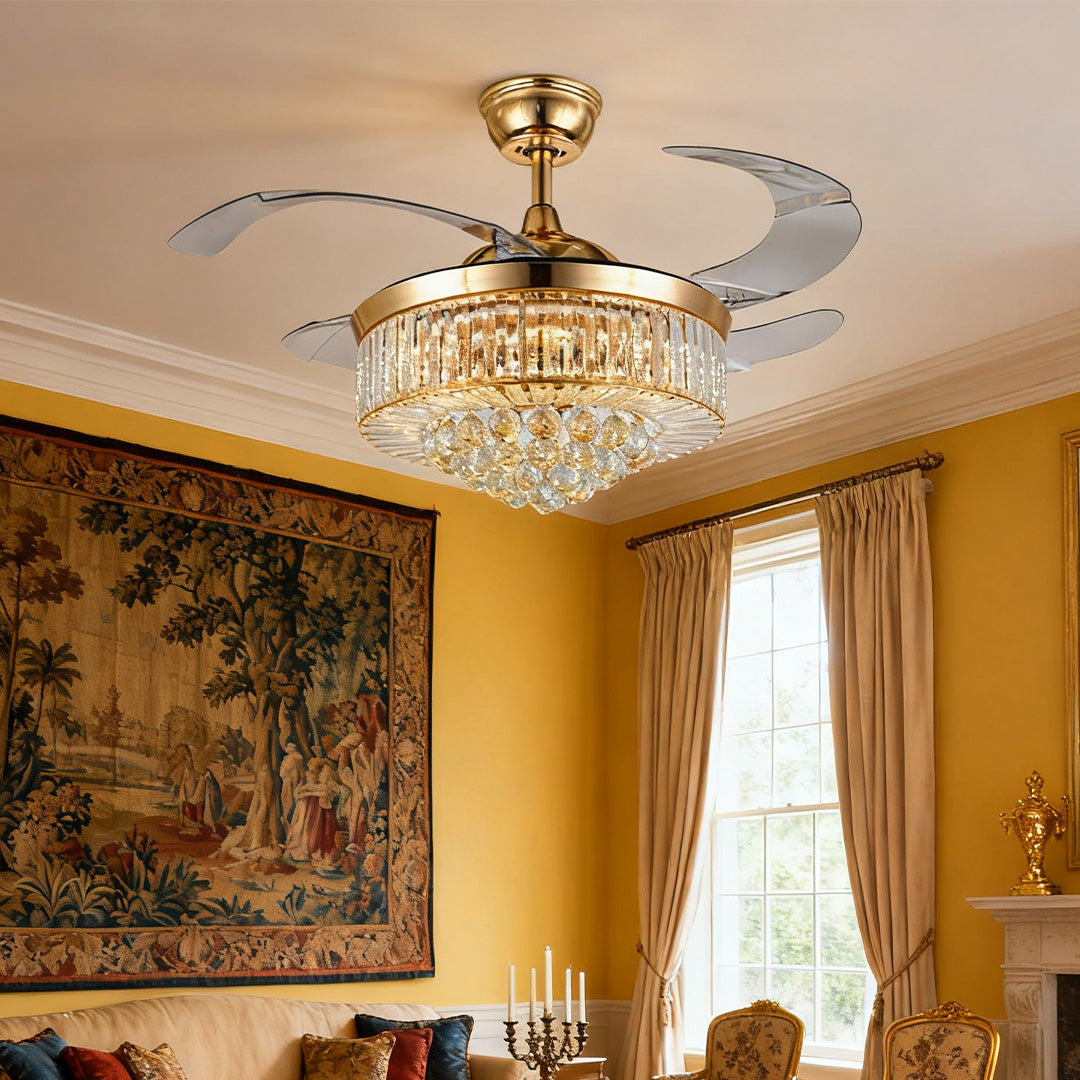 Crystal Ceiling Fan with Light – Gold Iron, European Luxury Design