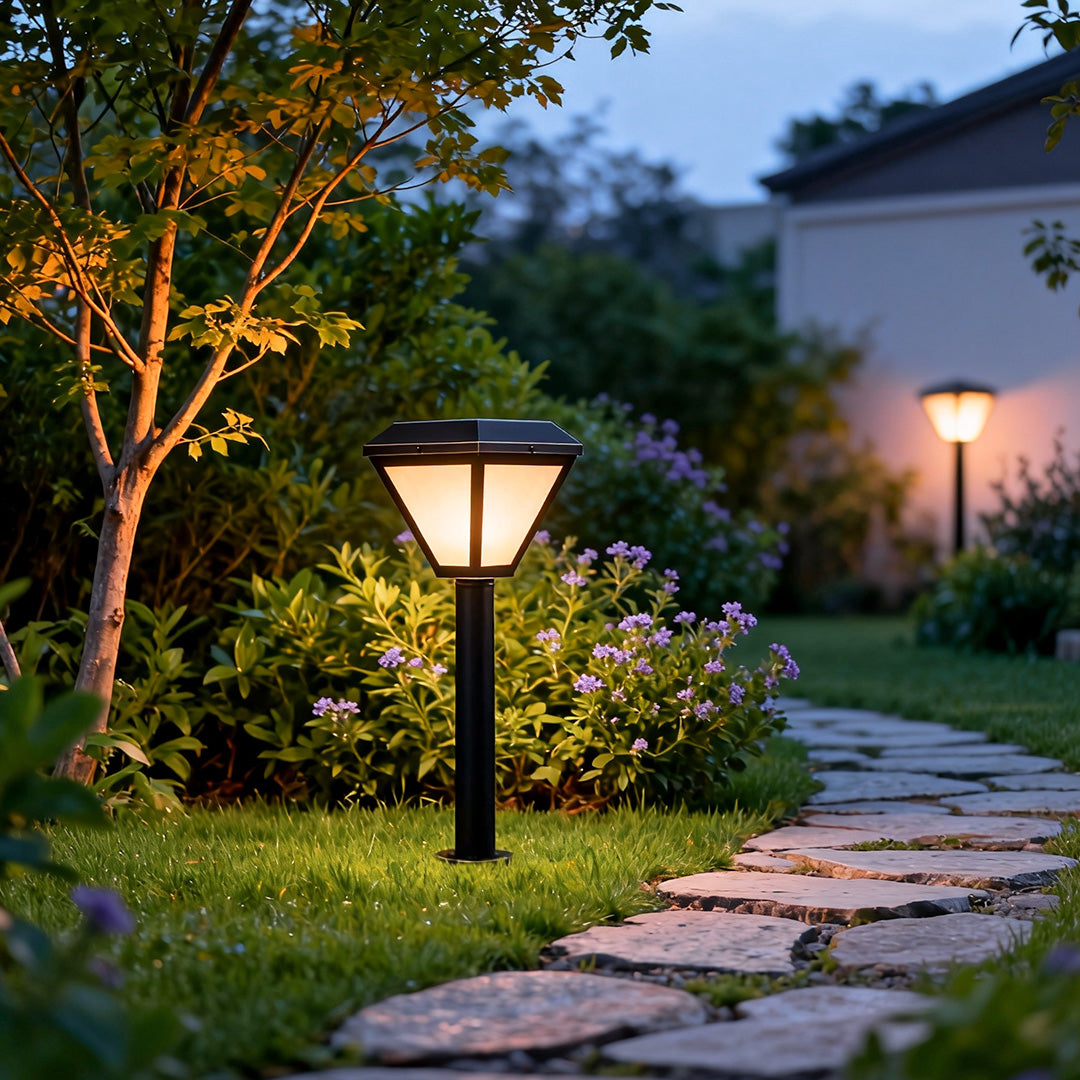 Solar Copper Bollard Path Light with Glass Shade for Garden Walkways