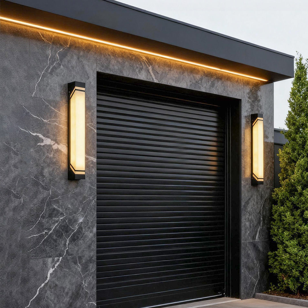 Black Stainless Steel Outdoor Wall Sconce with Marble Shade