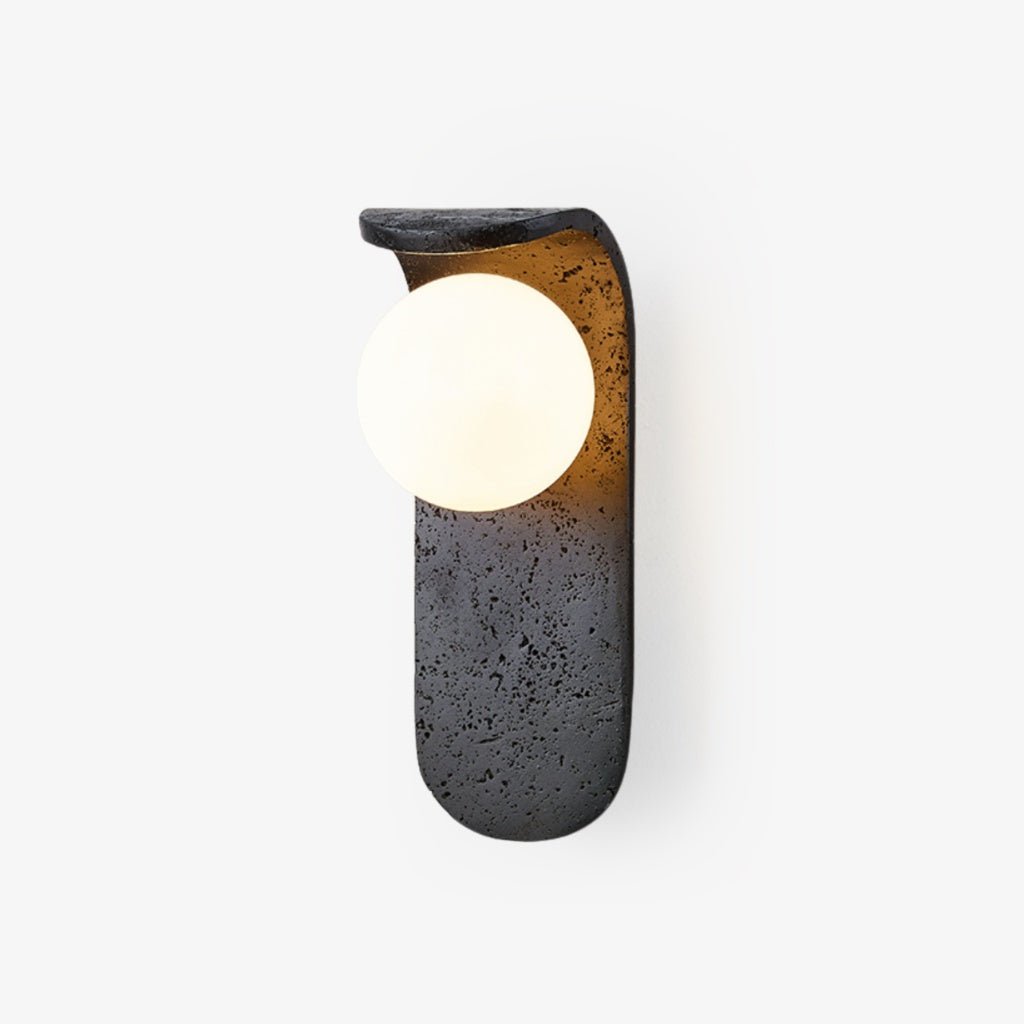 Eclipse Orb Wall Sconce in Black Travertine with Opal Glass Shade
