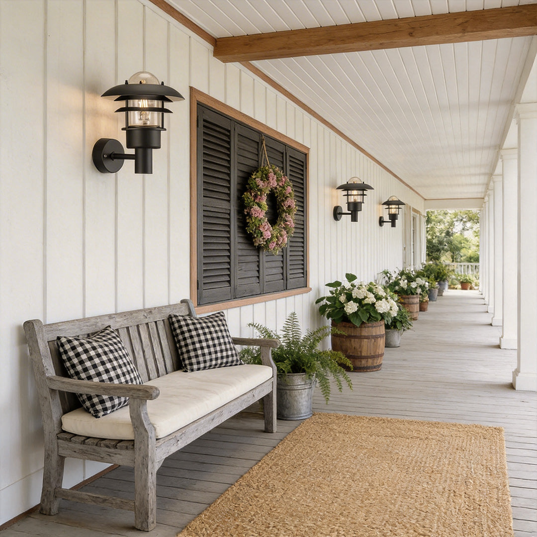 American Country Outdoor Wall Sconce with Warm LED Light, Waterproof Metal and Glass