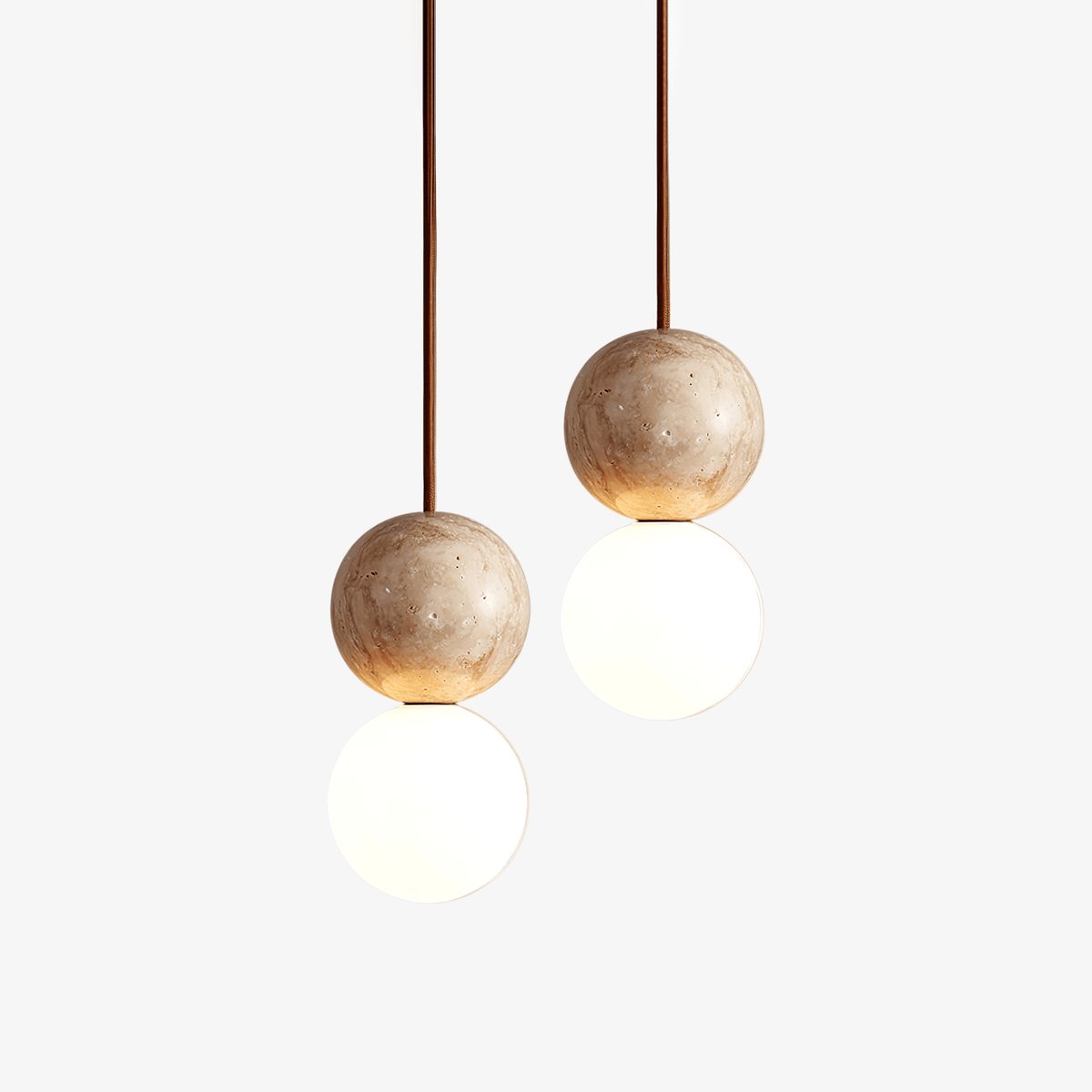 Camille Travertine Pendant Light – Natural Stone Sphere with Opal Glass Globe