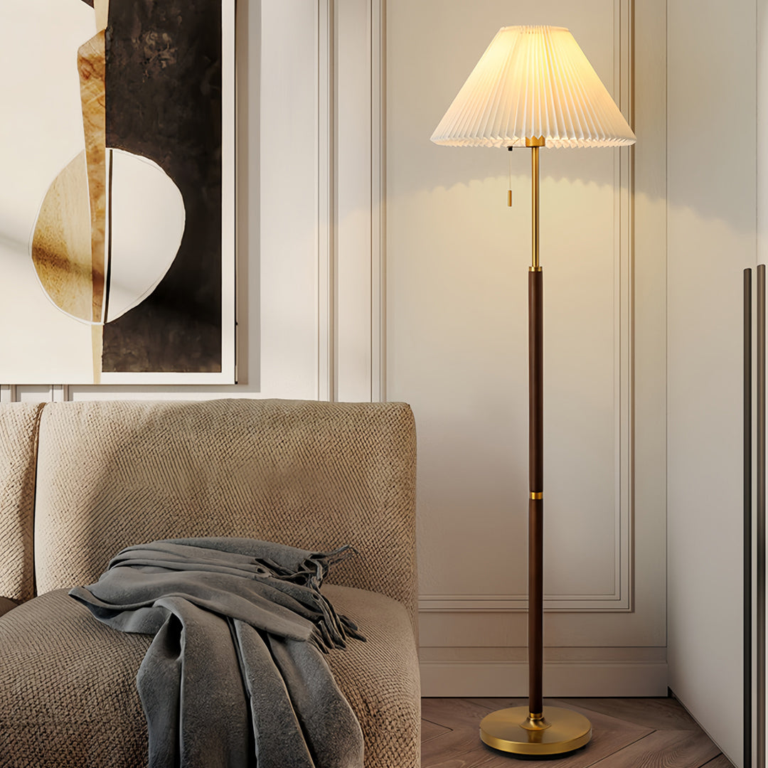 Sculptural Wooden Floor Lamp with Pleated Fabric Shade