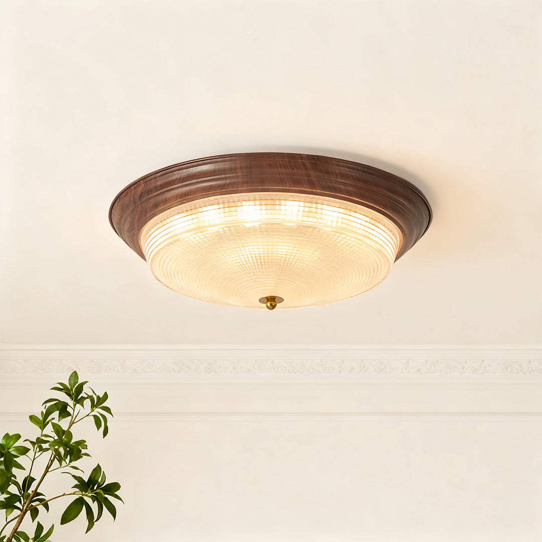 Ribbed Glass Dome Flush Mount Ceiling Light in Walnut Iron