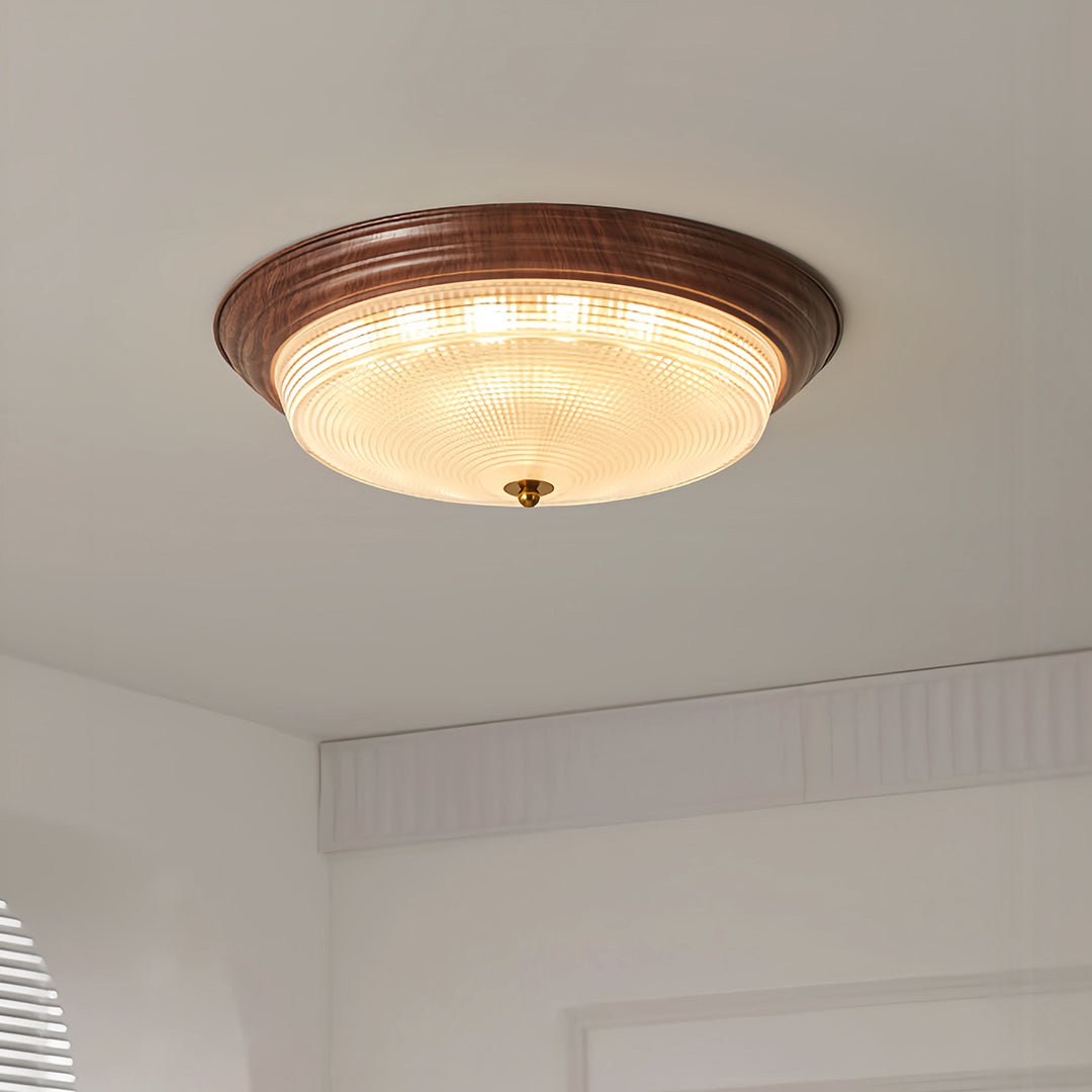 Ribbed Glass Dome Flush Mount Ceiling Light in Walnut Iron
