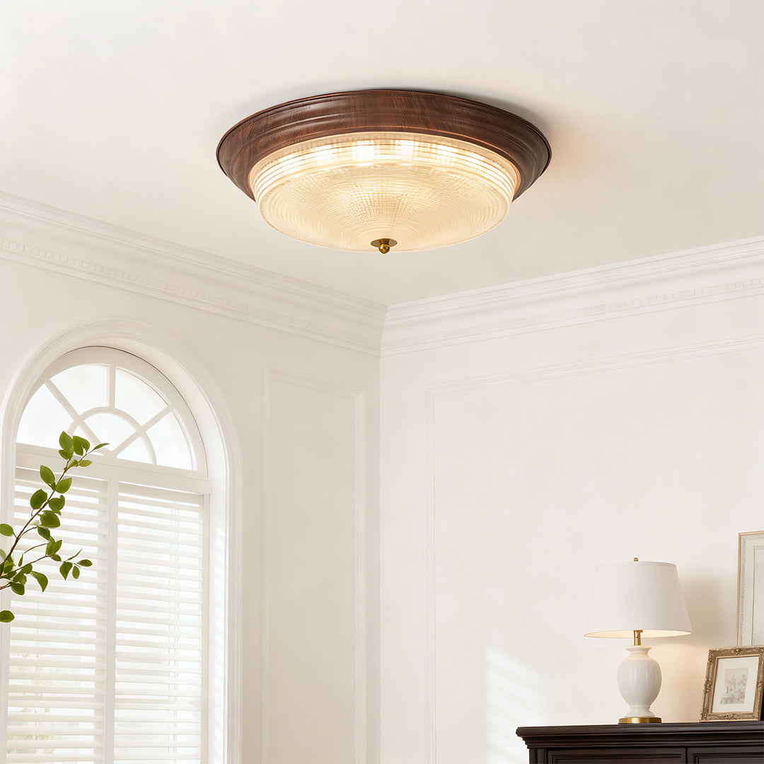 Ribbed Glass Dome Flush Mount Ceiling Light in Walnut Iron