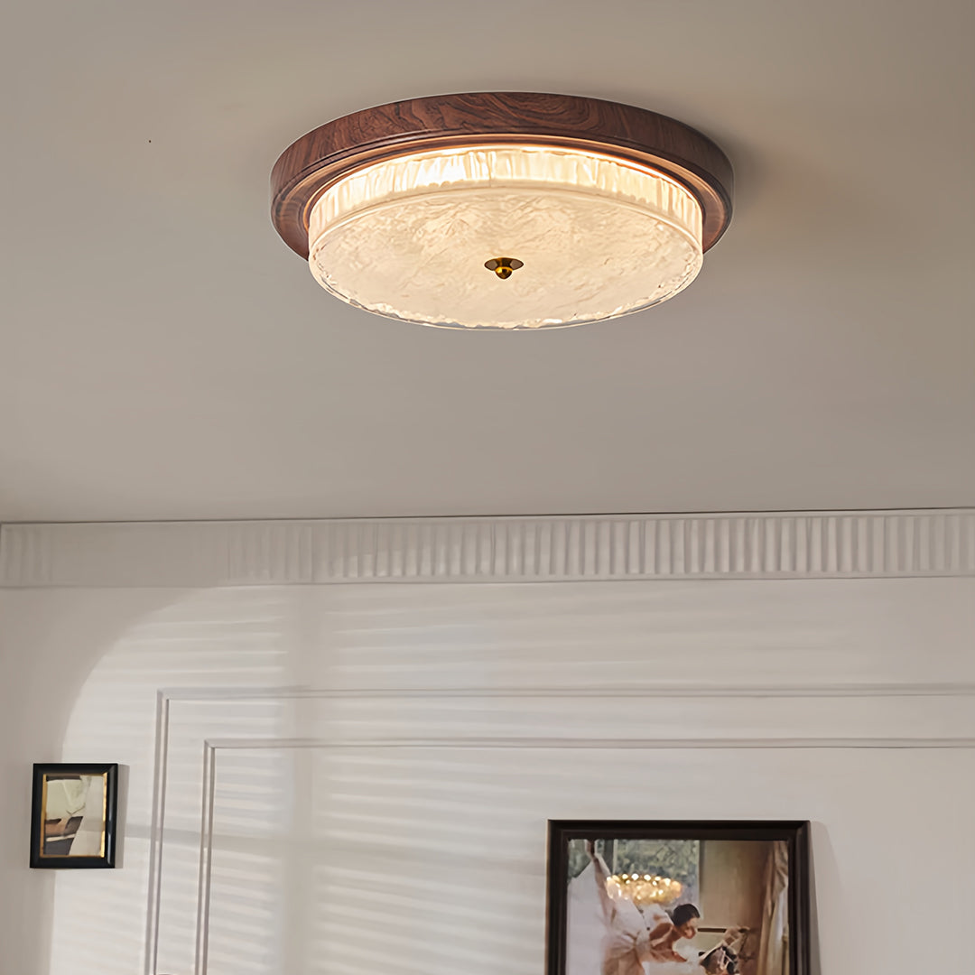 Ribbed Glass Dome Flush Mount Ceiling Light in Walnut Iron